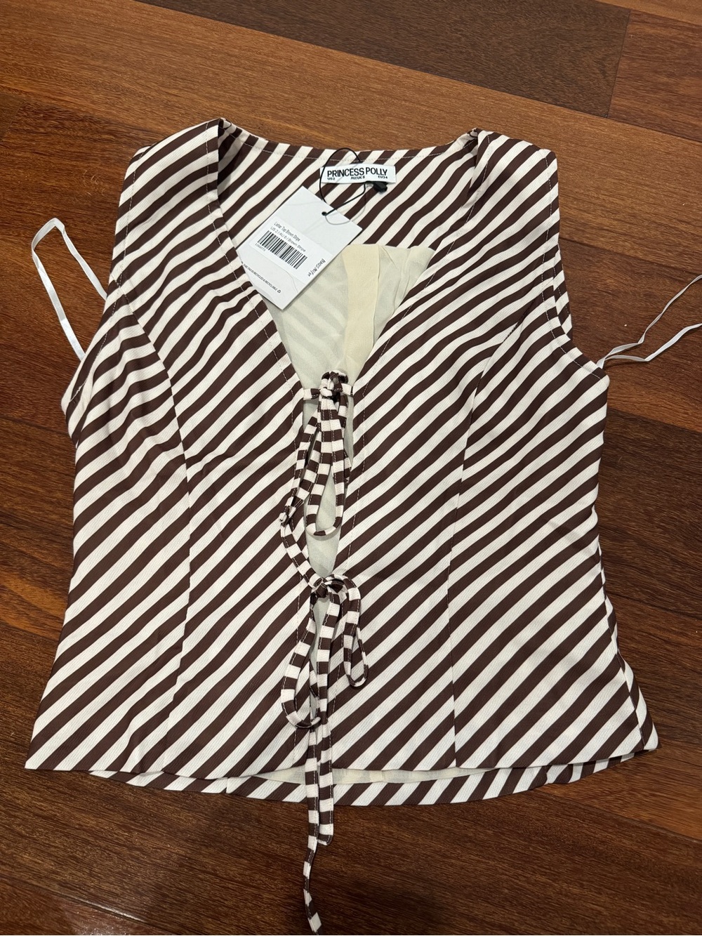Princess Polly Brown & White Diagonal Stripe Tie-Front Camisole